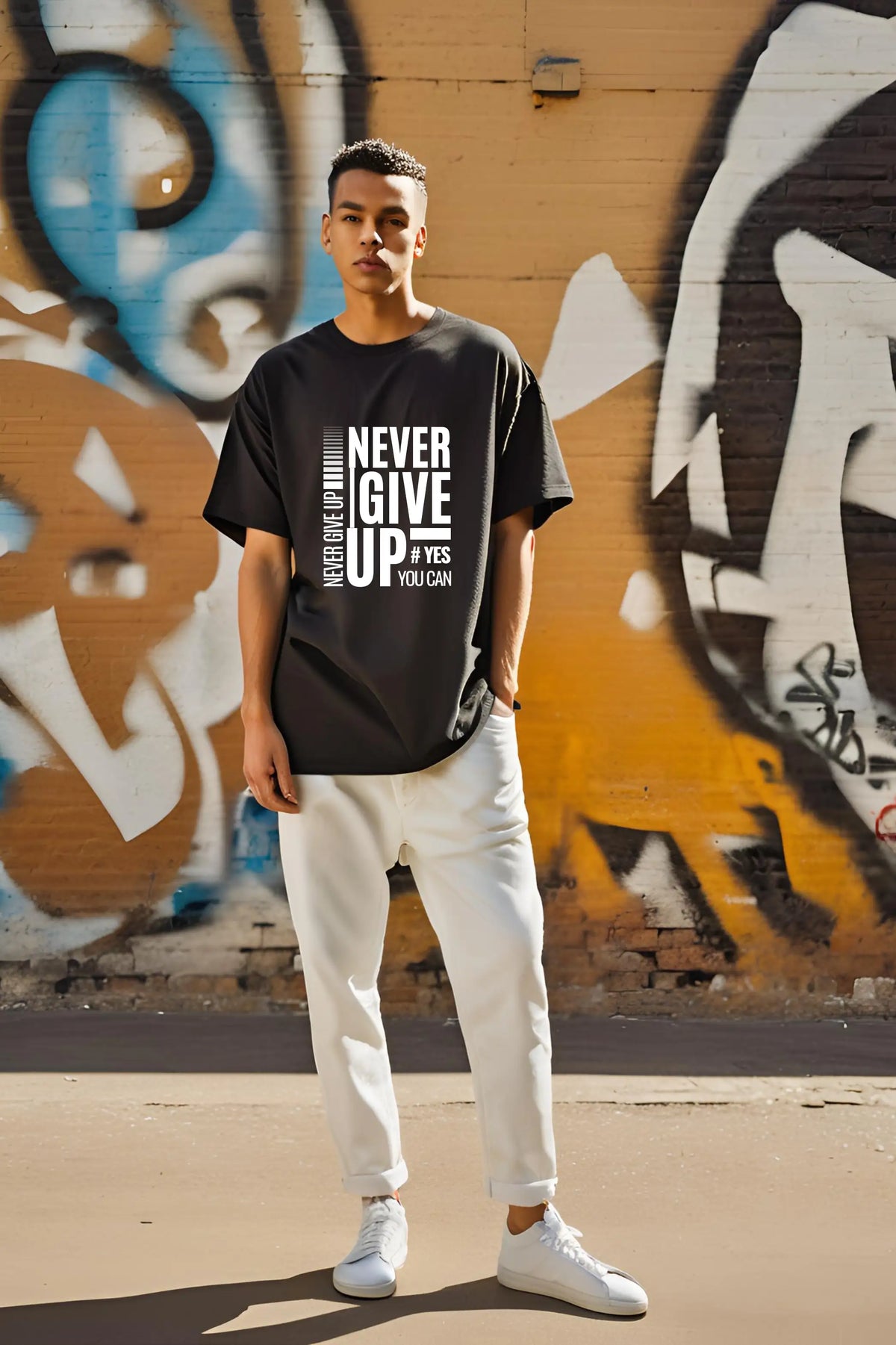 Unisex Black Round Neck Half Sleeve Never Give Up Oversized T-shirt
