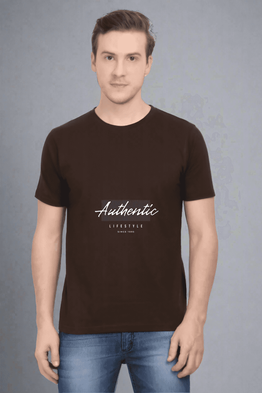 Coffee Brown Round Neck Half Sleeve Authenticity T-Shirt