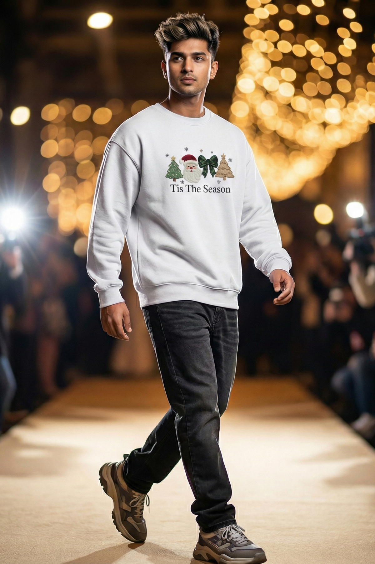 Unisex White Embroidered Santa & Christmas Trees Oversized Sweatshirt