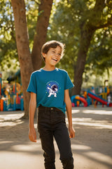 Boys Petrol Blue Round Neck Half Sleeve Astronaut T-shirt