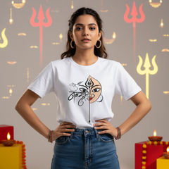 Unisex Goddess Durga Half-Face Art White Classic Crew T-Shirt