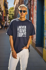 Unisex Navy Blue Round Neck Half Sleeve Never Give Up Oversized T-shirt