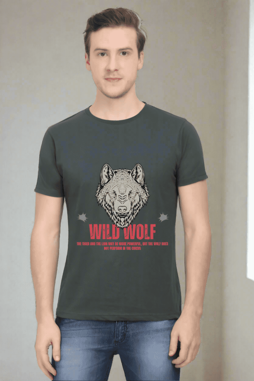 Men's Round Neck Steel Grey Half Sleeve Wild Wolf T-Shirt