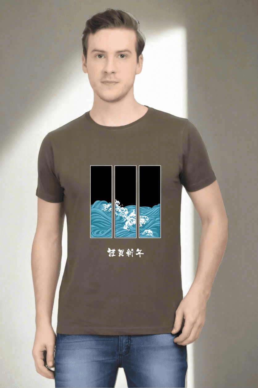 Men's Round Neck Olive Green Half Sleeve Tidal Art T-Shirt