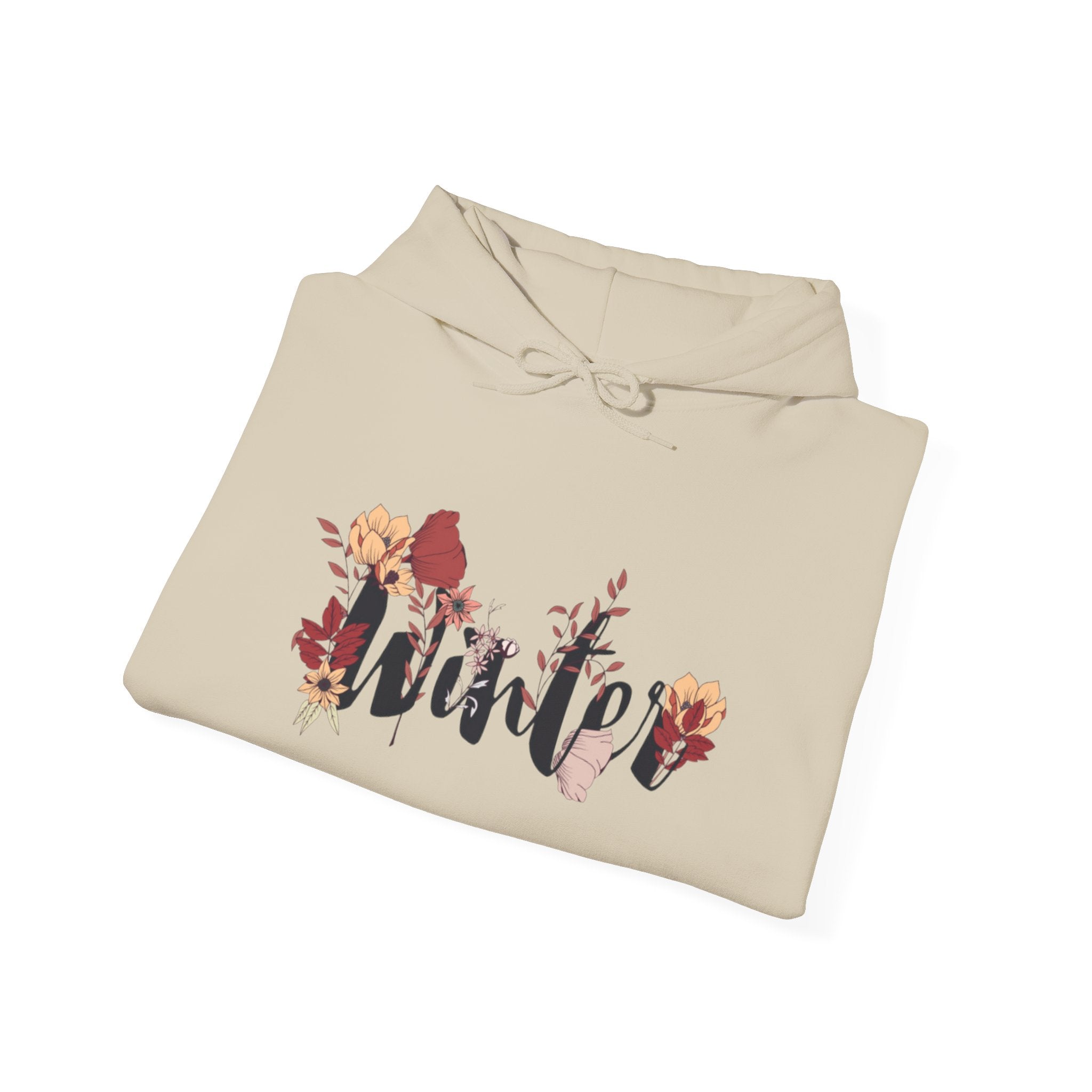 Winter Floral Hoodie — 'Winter' Script with Autumn Blooms, Cozy Seasonal Pullover