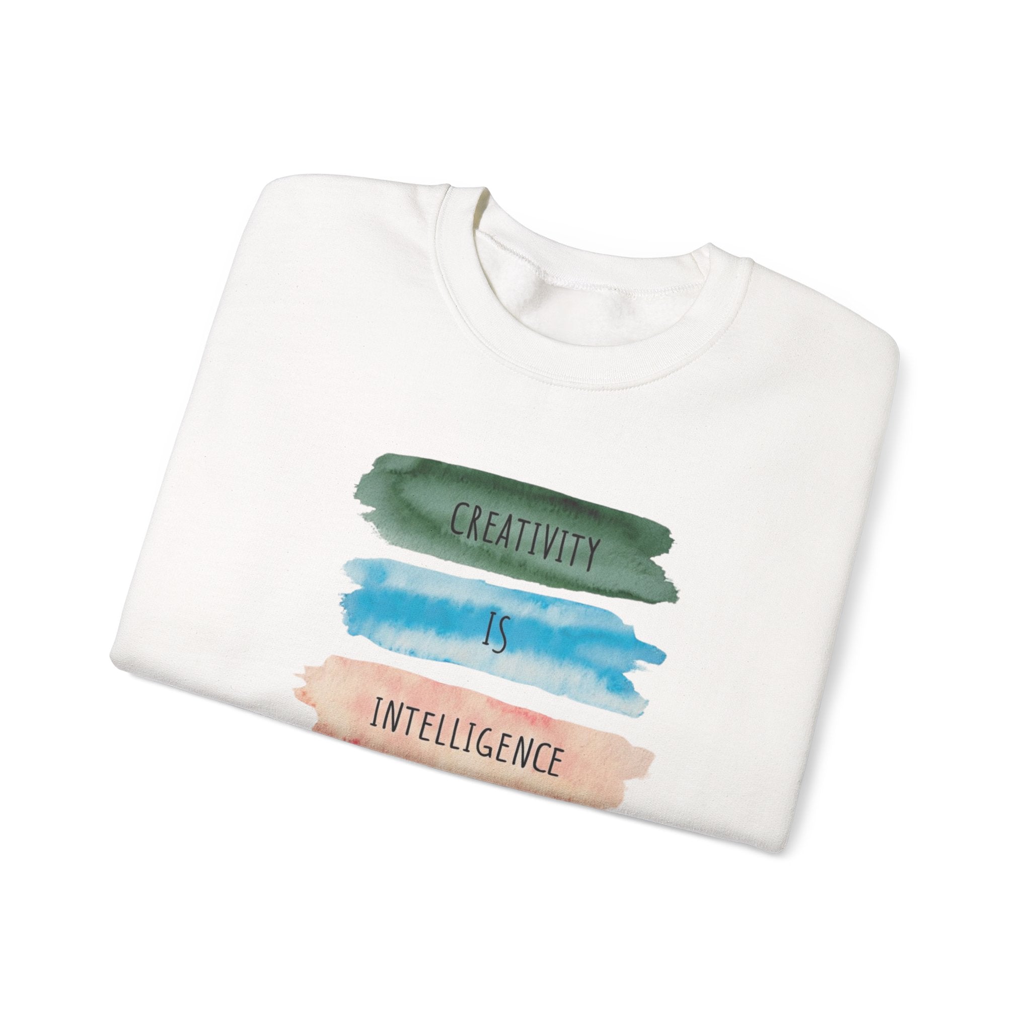Crewneck Sweatshirt — "Creativity is Intelligence Having Fun" Watercolor Stripes
