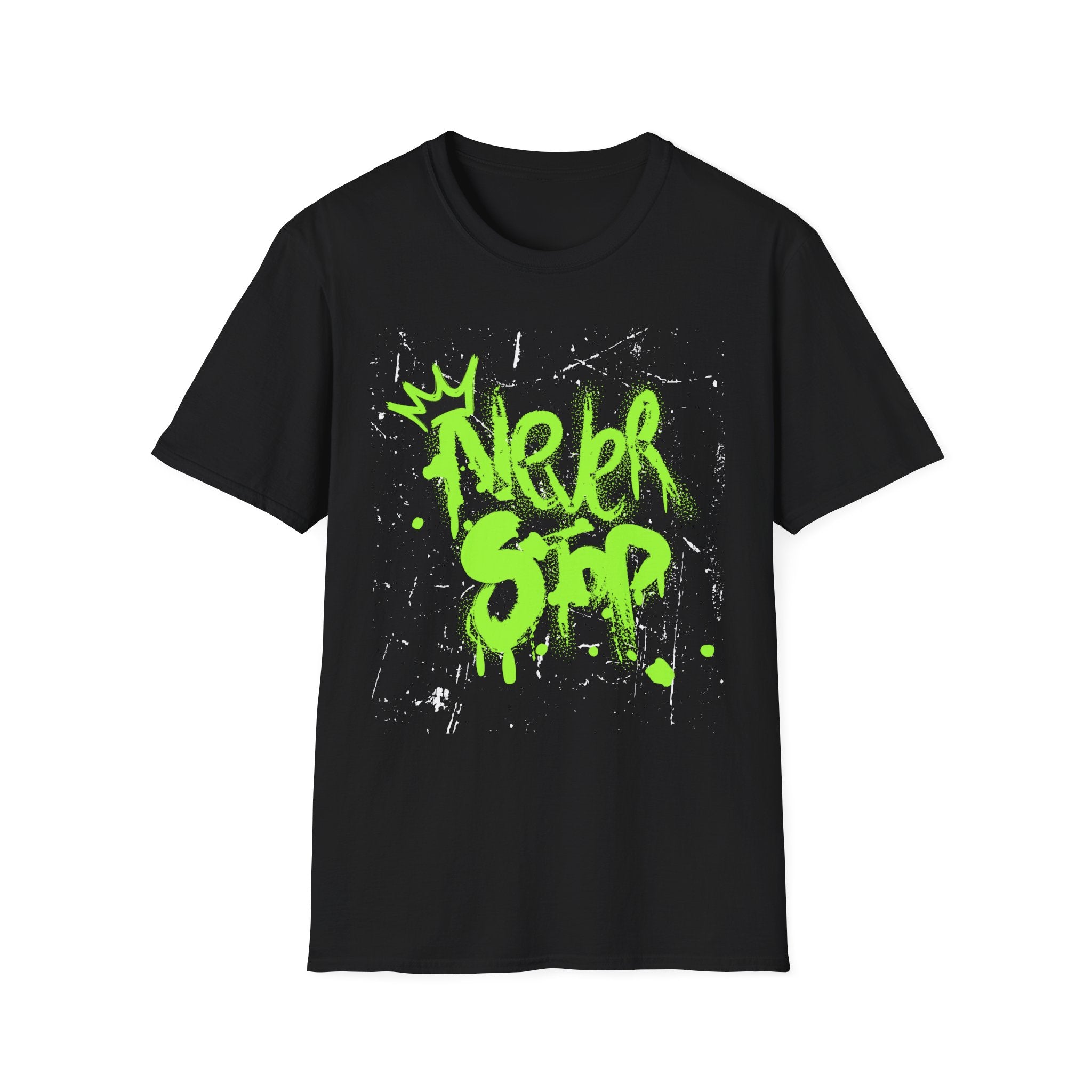 Never Stop Graffiti T-Shirt — Neon Green Street Art Tee