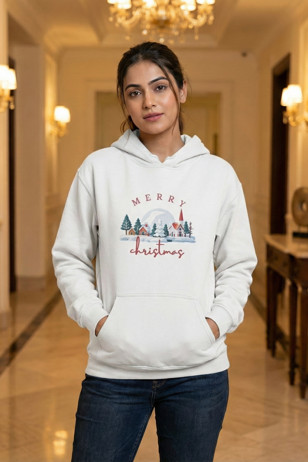 Unisex White Charming Illustrated Christmas Hoodie