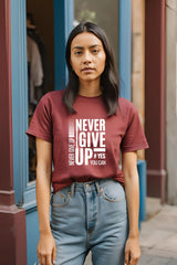 Women's Round Neck Coffee Brown Half Sleeve Never Give Up T-shirt