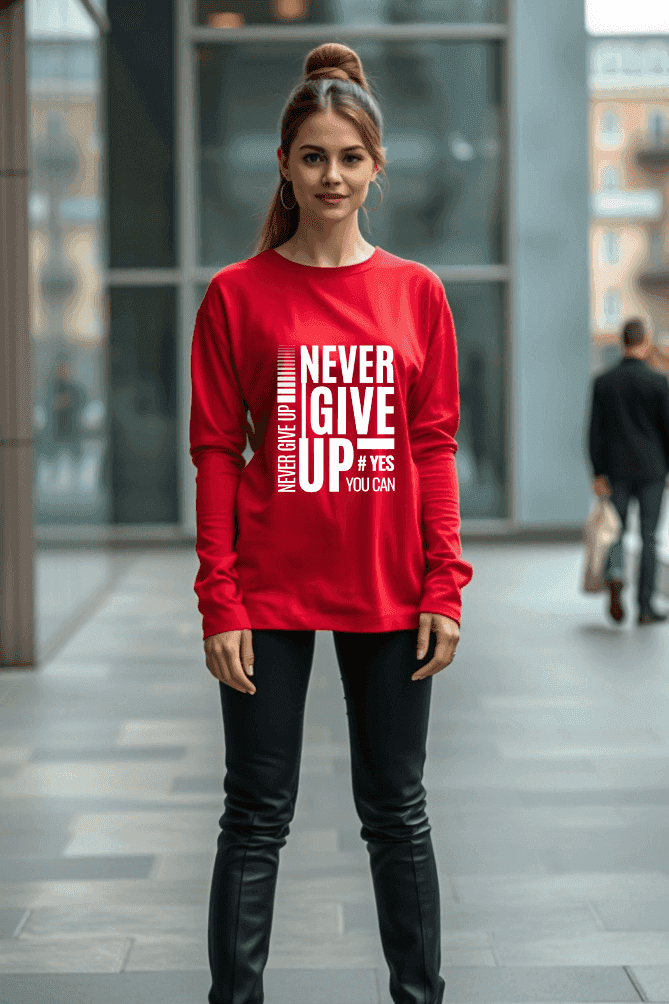 Women's Red Round Neck Full Sleeve Motivational T-shirt