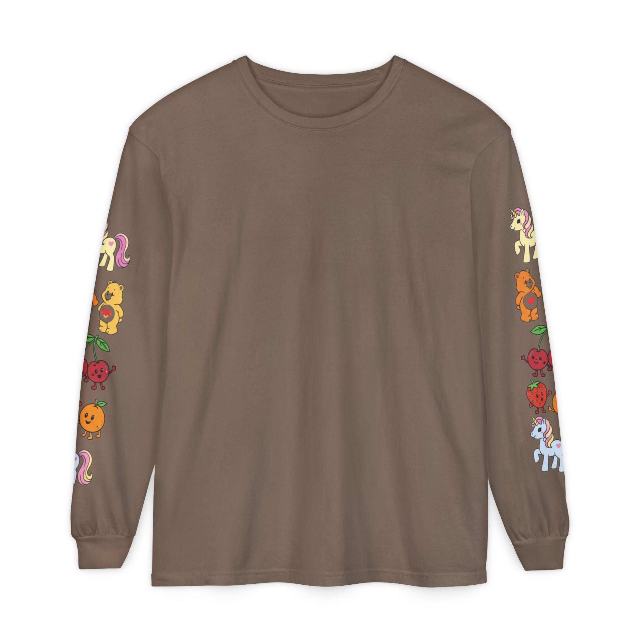 Long Sleeve T‑Shirt — Retro Cute Fruit & Pony Sleeve Print