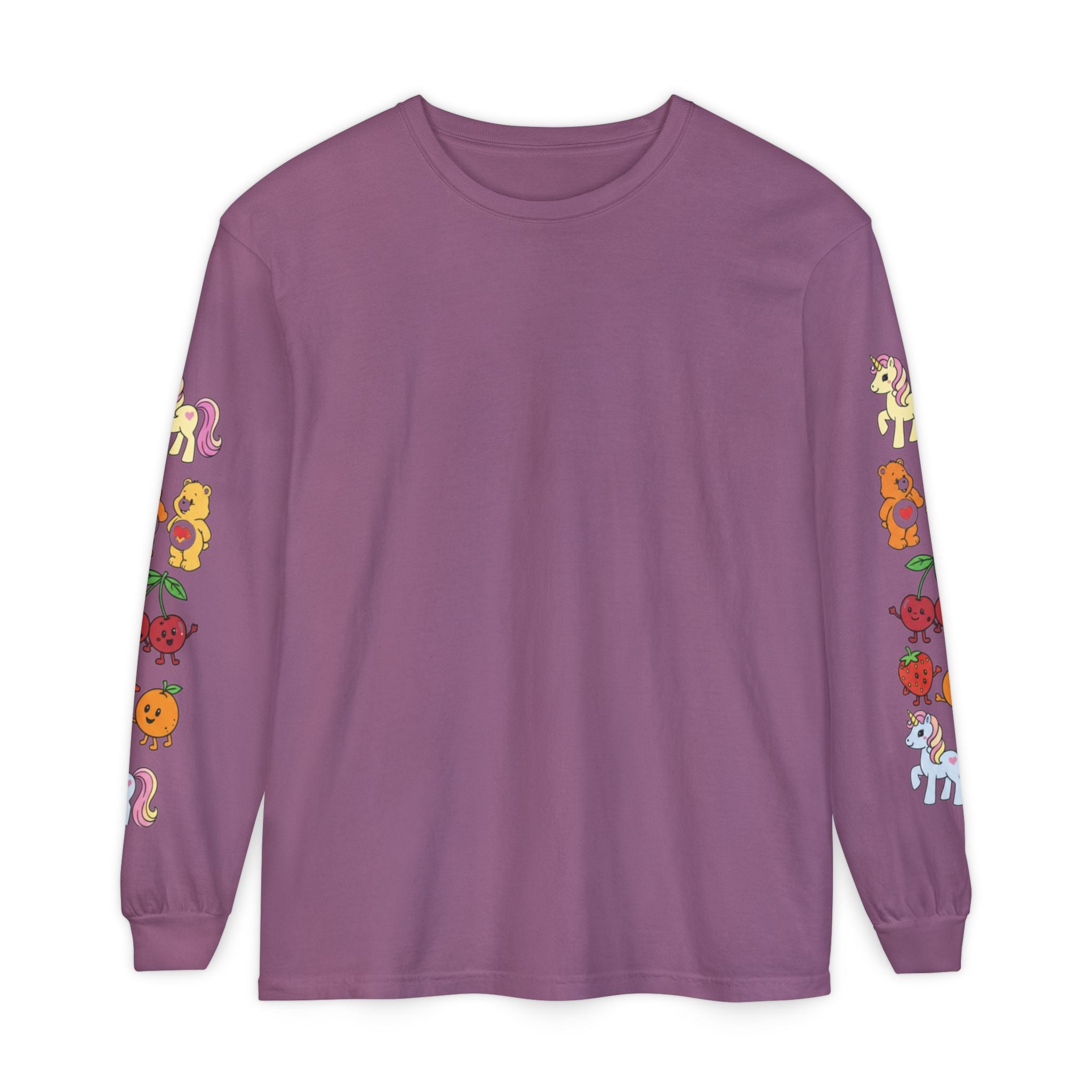 Long Sleeve T‑Shirt — Retro Cute Fruit & Pony Sleeve Print