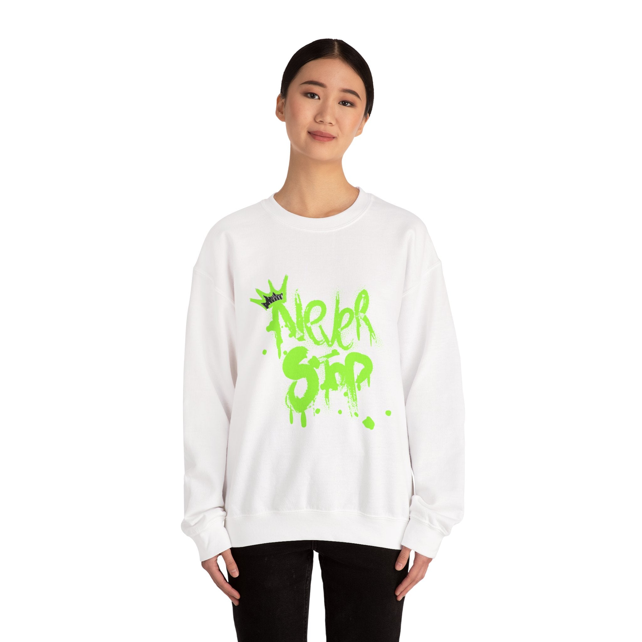 Crewneck Sweatshirt — Neon Green 'Never Stop' Graffiti Design