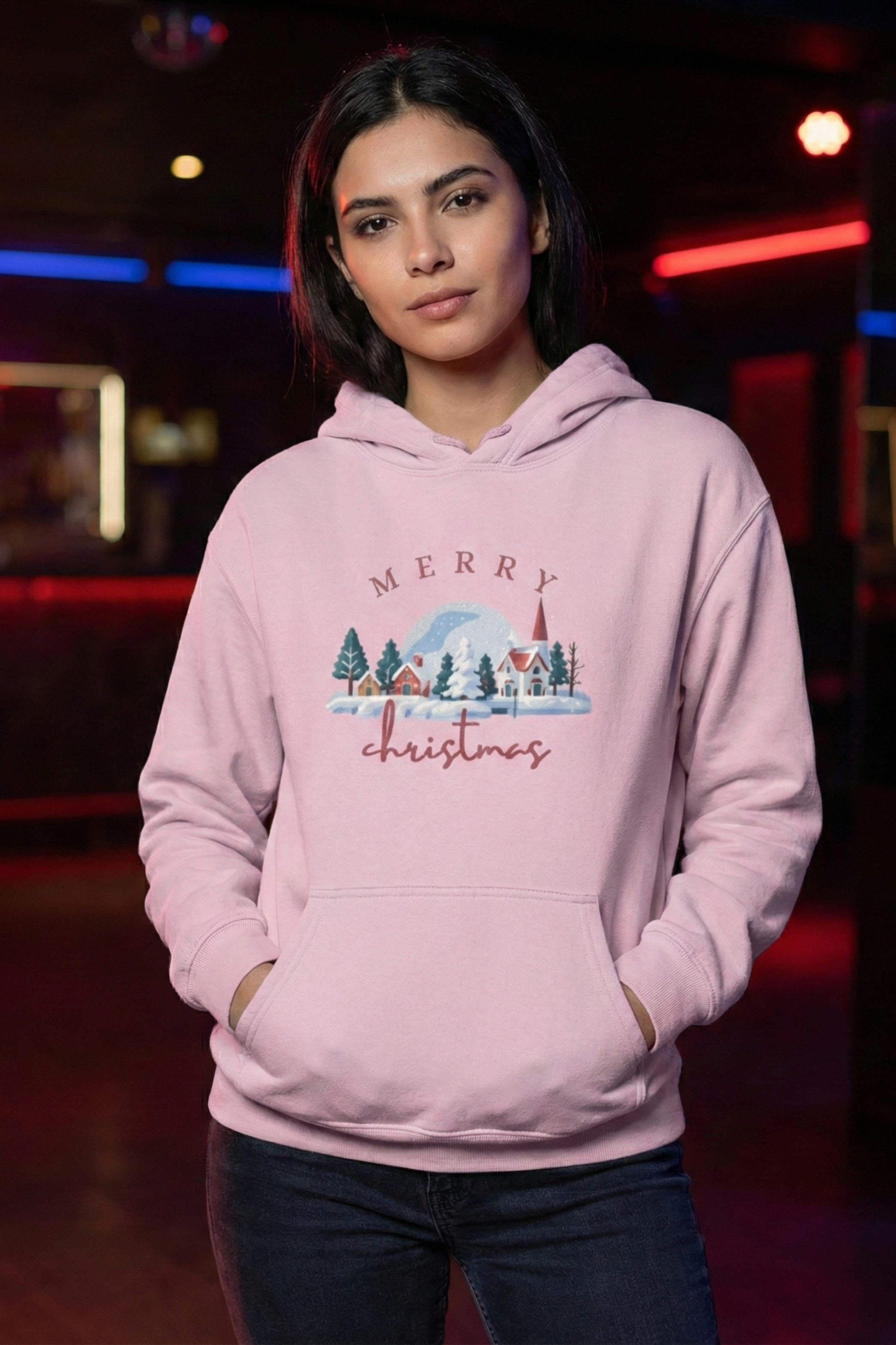 Unisex Light Baby Pink Charming Illustrated Christmas Hoodie