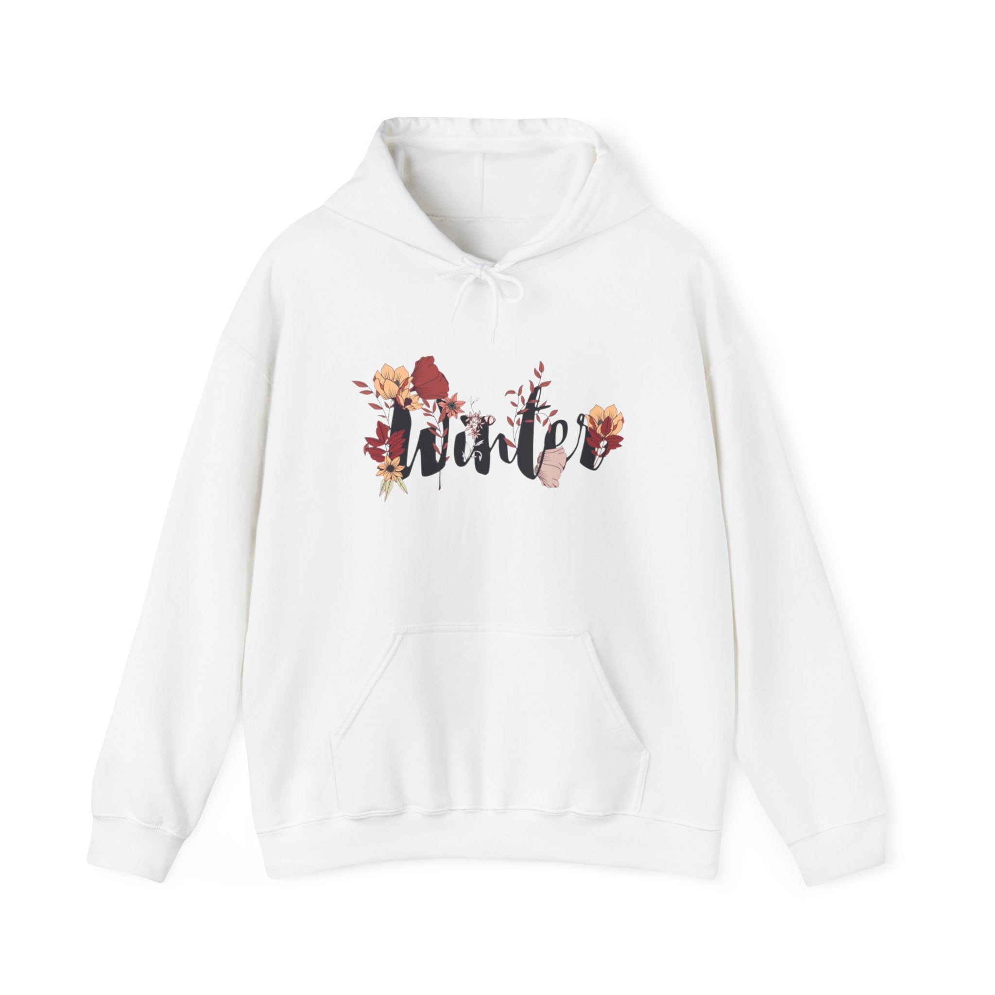 Winter Floral Hoodie — 'Winter' Script with Autumn Blooms, Cozy Seasonal Pullover