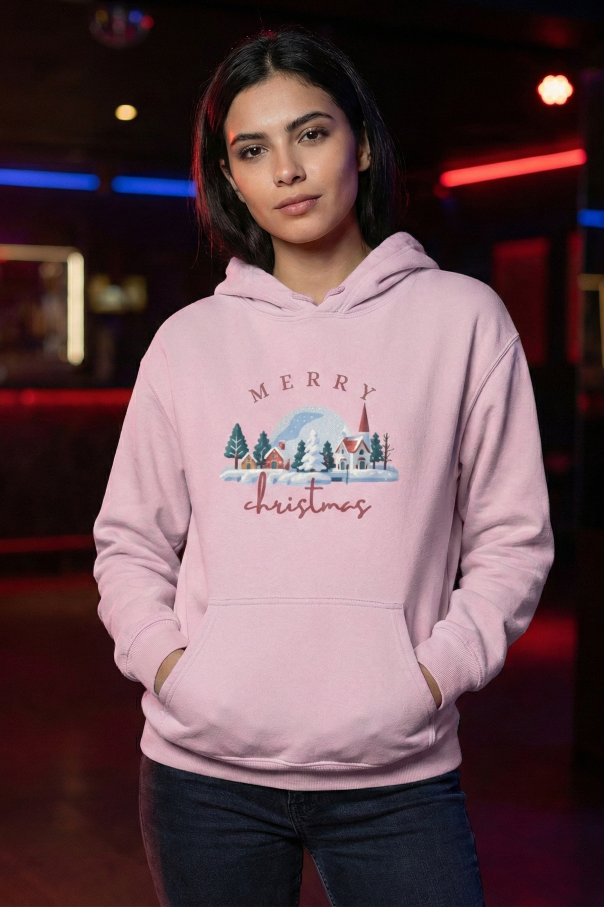 Unisex Light Baby Pink Charming Illustrated Christmas Hoodie