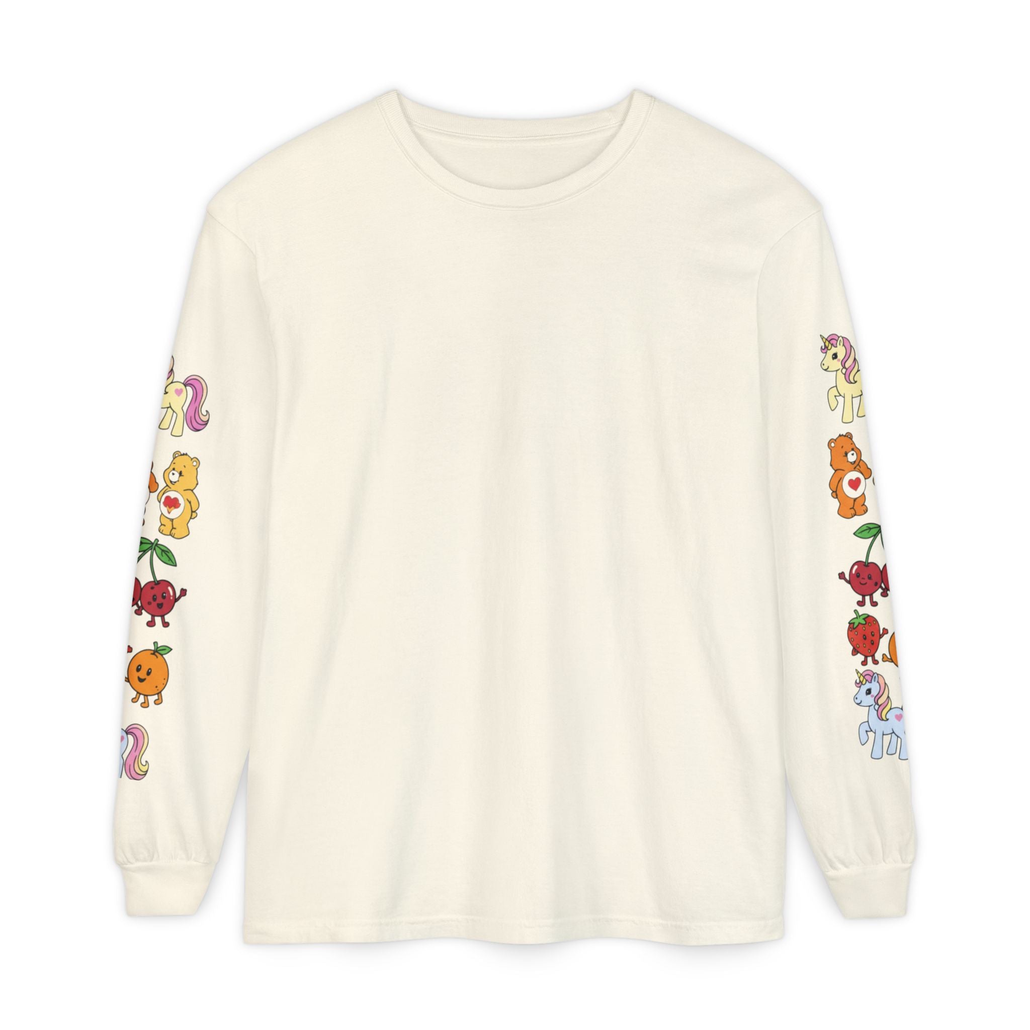 Long Sleeve T‑Shirt — Retro Cute Fruit & Pony Sleeve Print