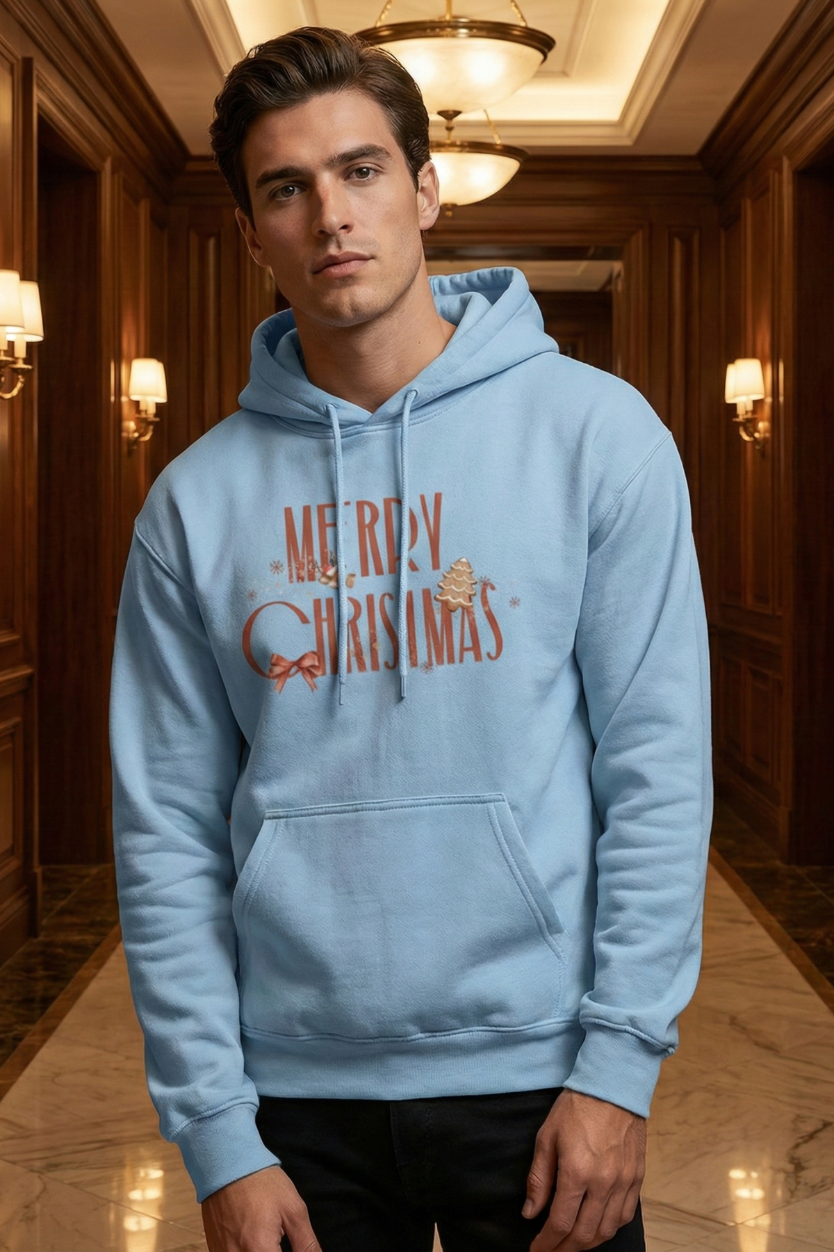 Unisex Baby Blue Cozy Holiday Greetings Graphic Hoodie