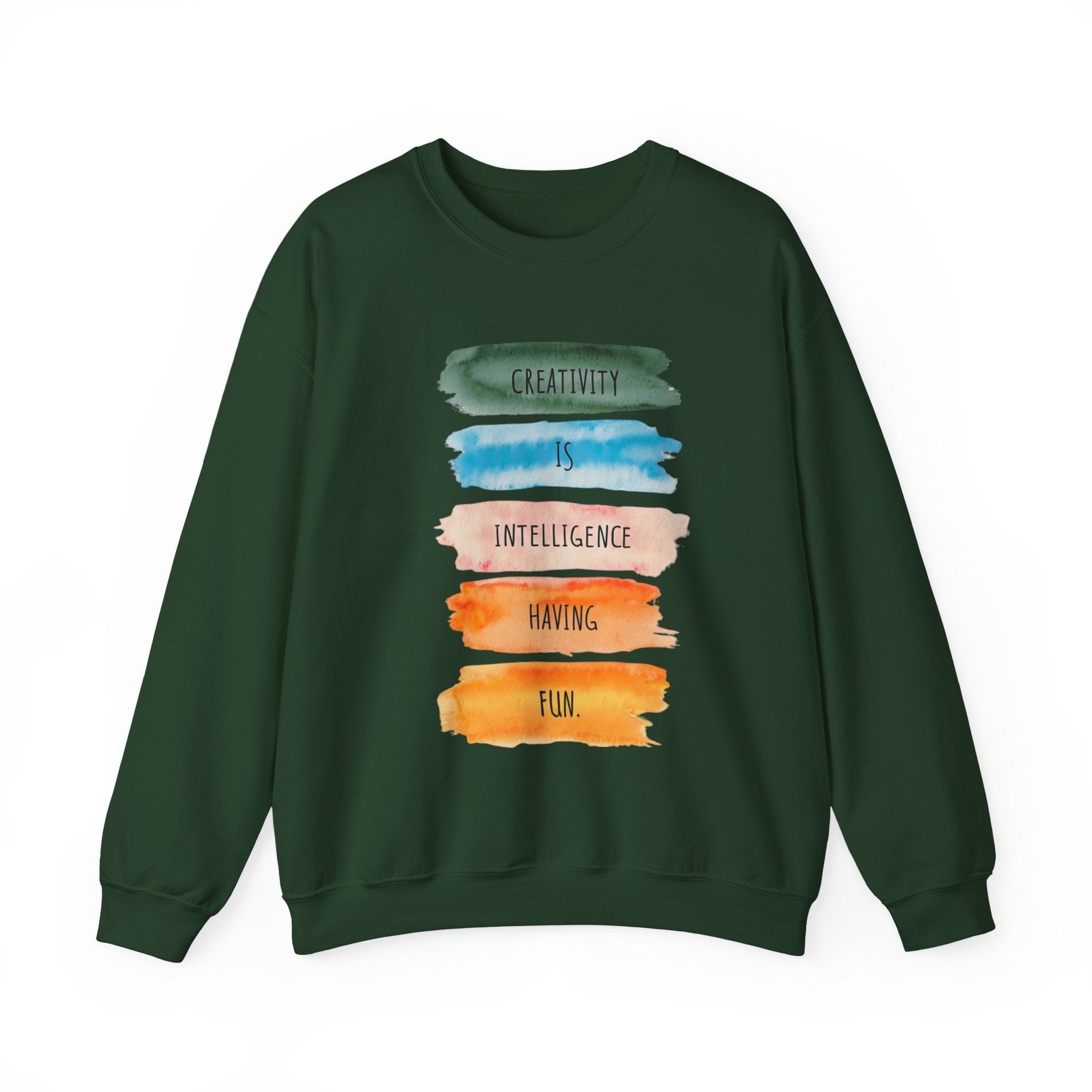 Crewneck Sweatshirt — "Creativity is Intelligence Having Fun" Watercolor Stripes