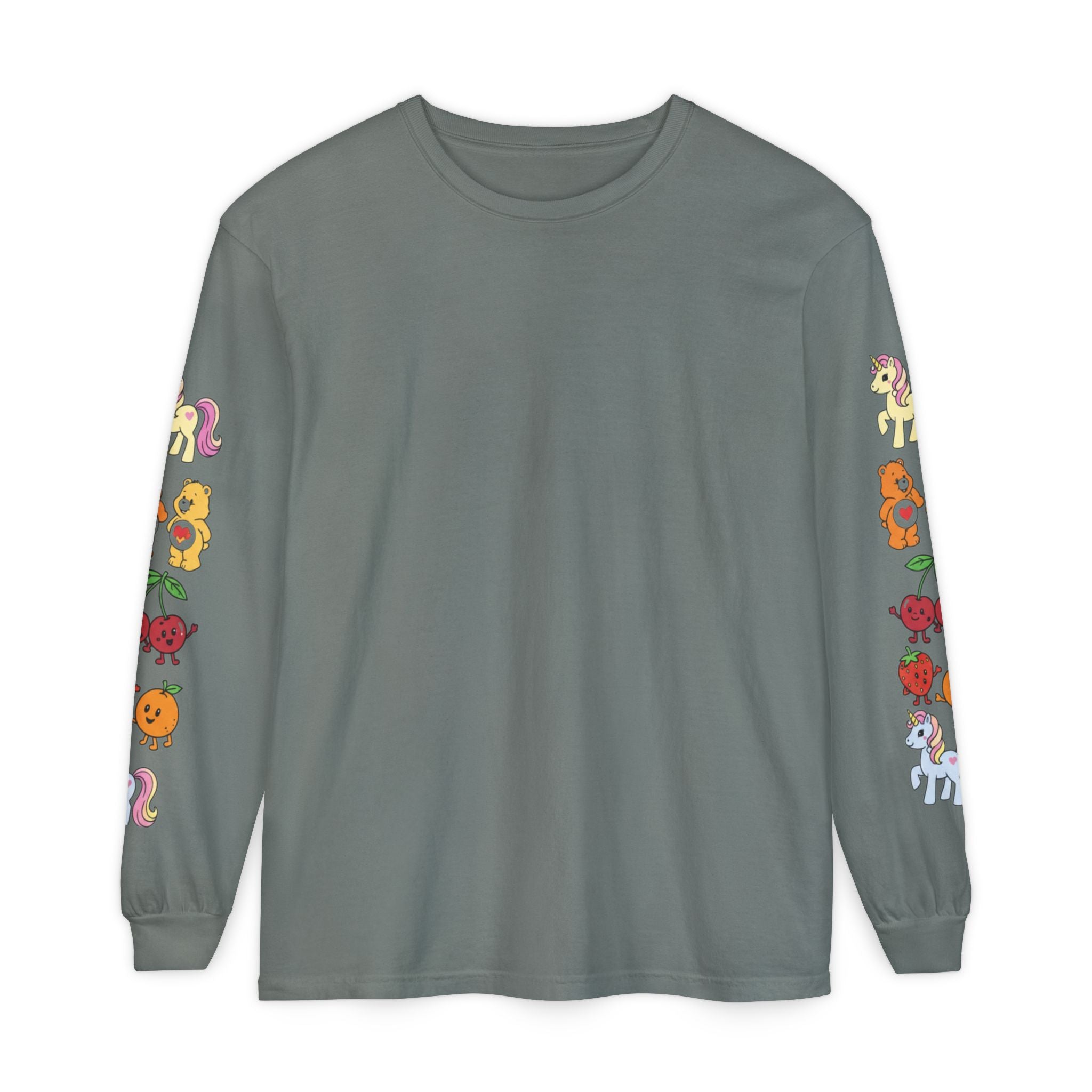 Long Sleeve T‑Shirt — Retro Cute Fruit & Pony Sleeve Print