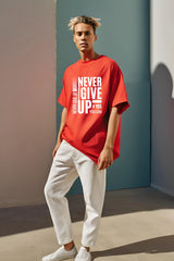 Unisex Red Round Neck Half Sleeve Never Give Up Oversized T-shirt
