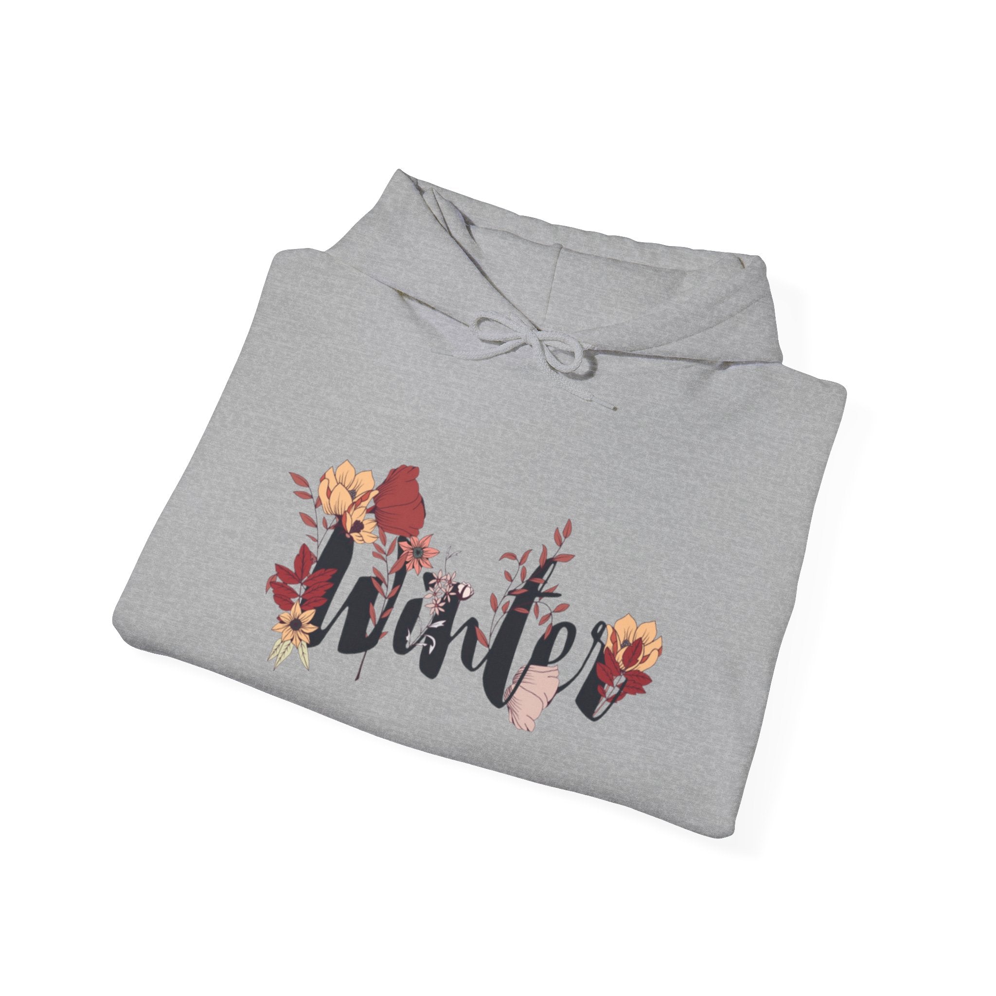 Winter Floral Hoodie — 'Winter' Script with Autumn Blooms, Cozy Seasonal Pullover