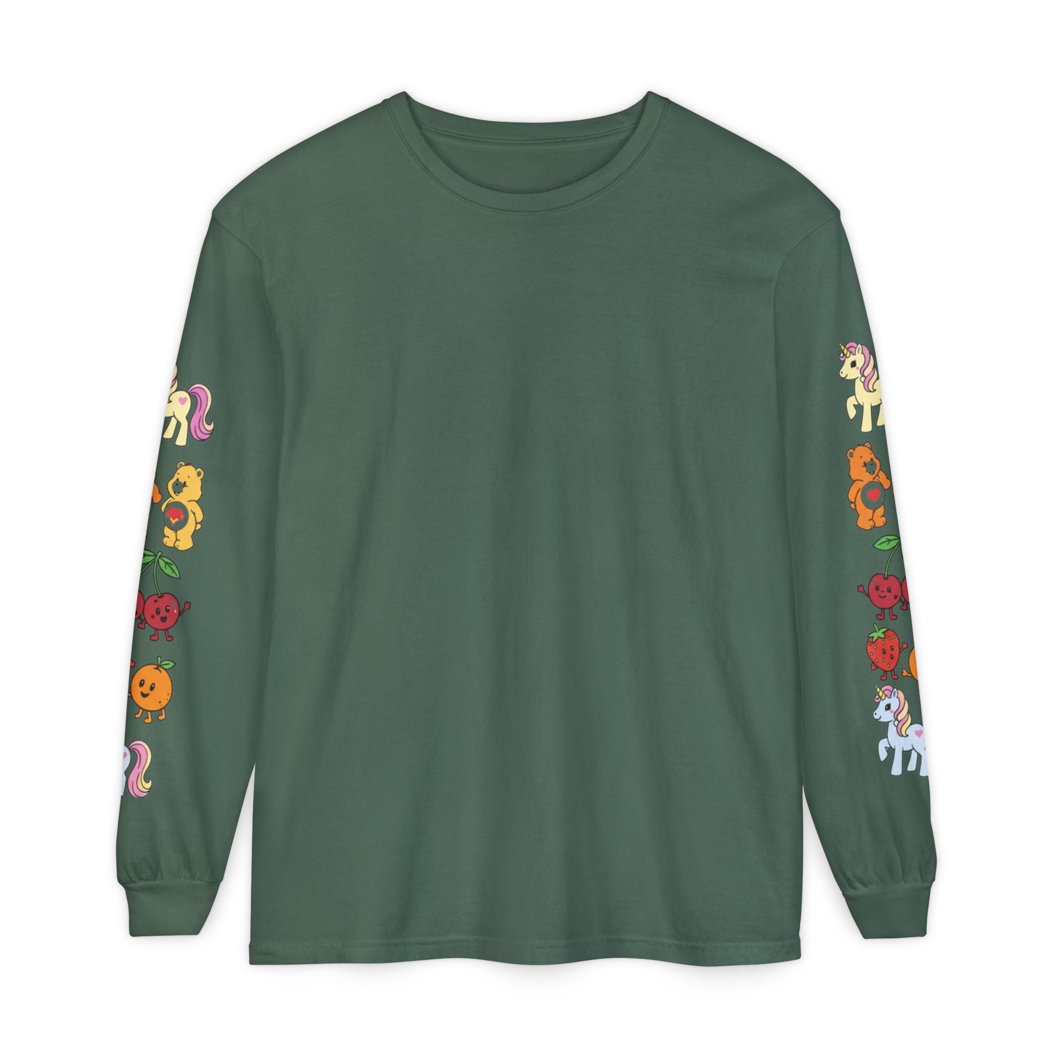 Long Sleeve T‑Shirt — Retro Cute Fruit & Pony Sleeve Print