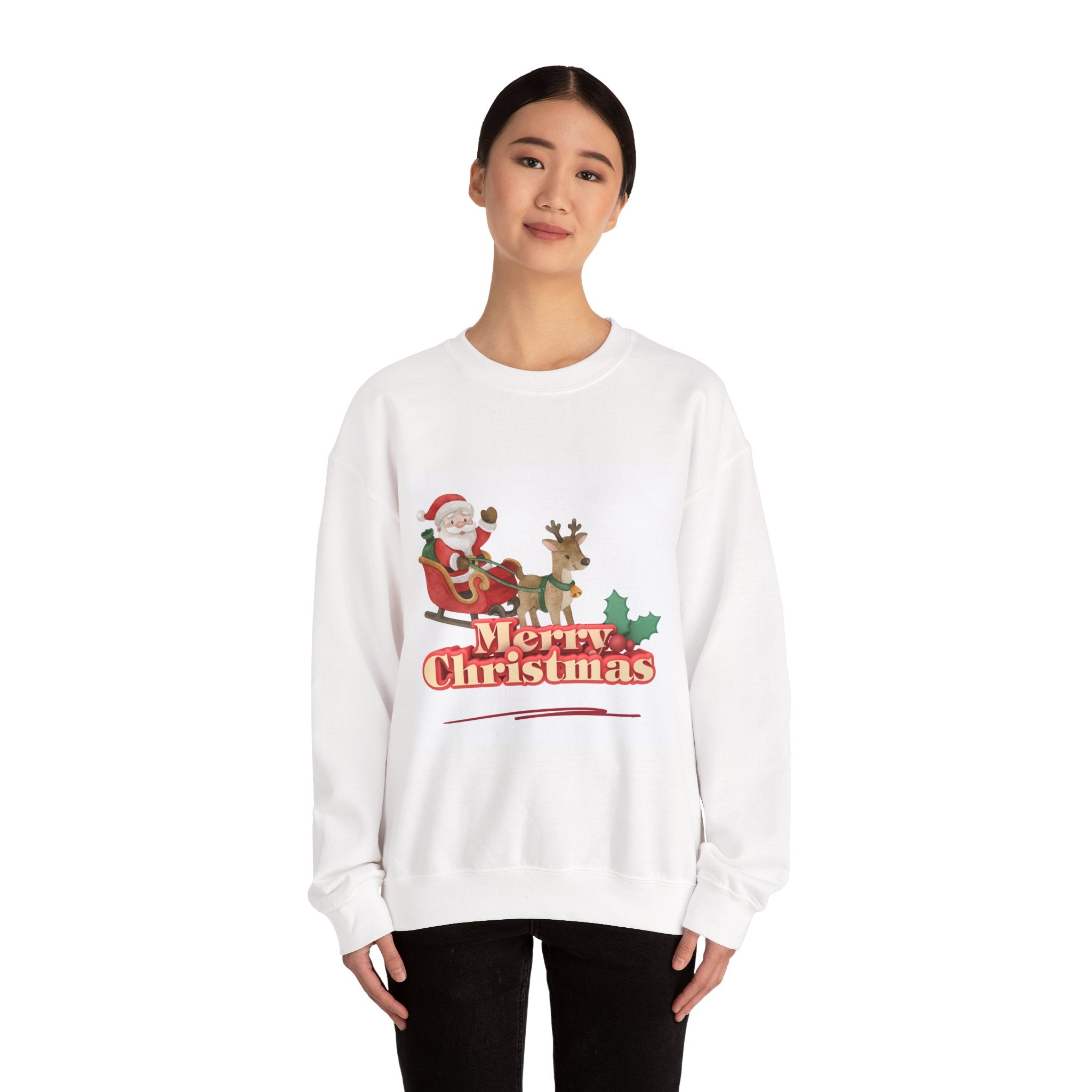 Christmas Crewneck Sweatshirt – 'Merry Christmas' Santa & Reindeer Holiday Sweater