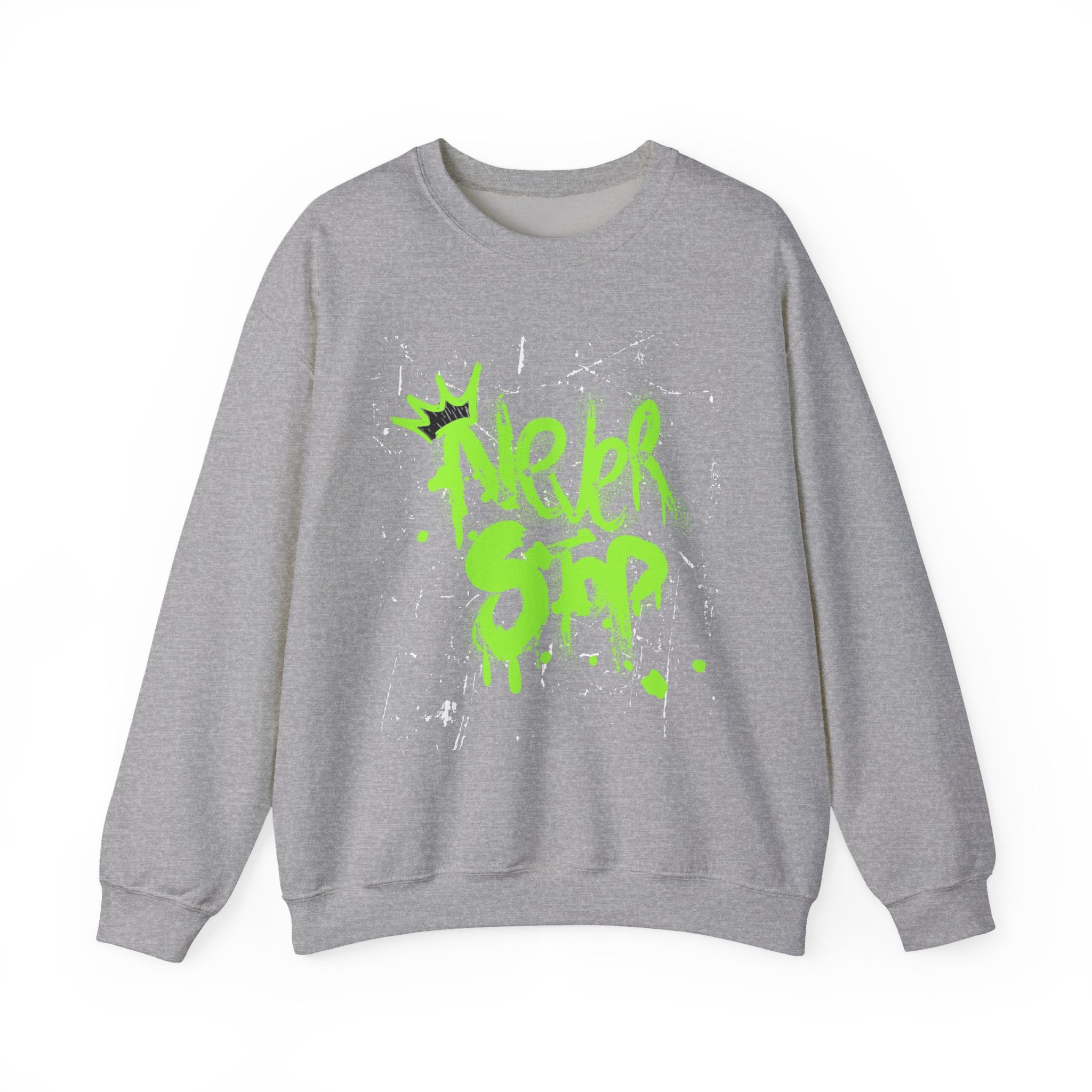 Crewneck Sweatshirt — Neon Green 'Never Stop' Graffiti Design