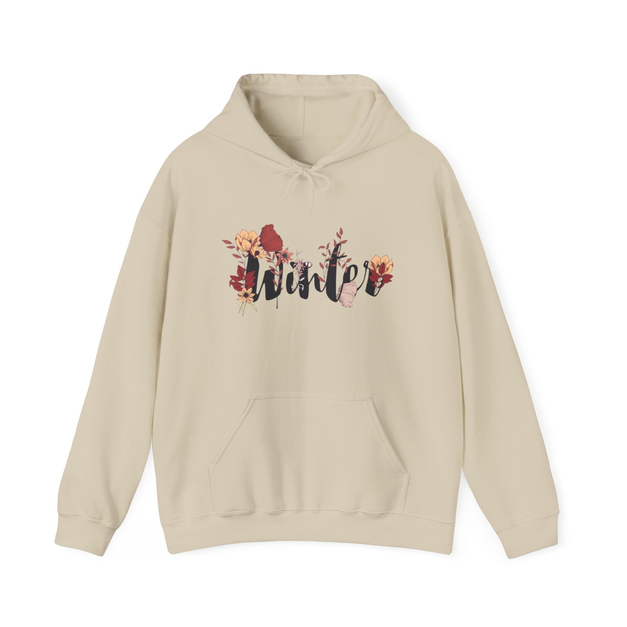Winter Floral Hoodie — 'Winter' Script with Autumn Blooms, Cozy Seasonal Pullover