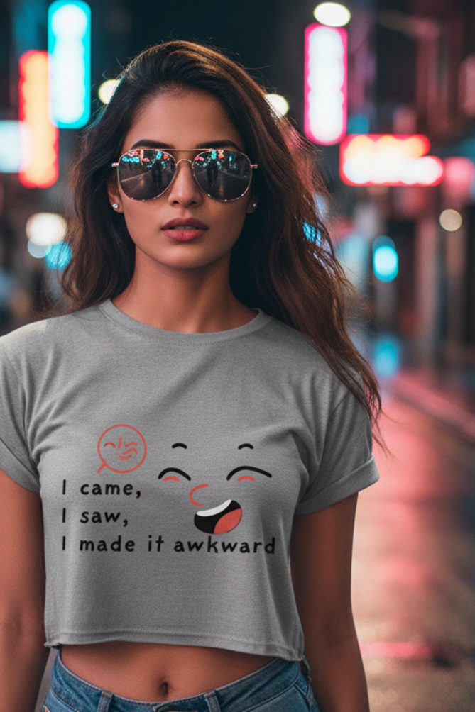 Women's I Made It Awkward Grey Melange Crop Top