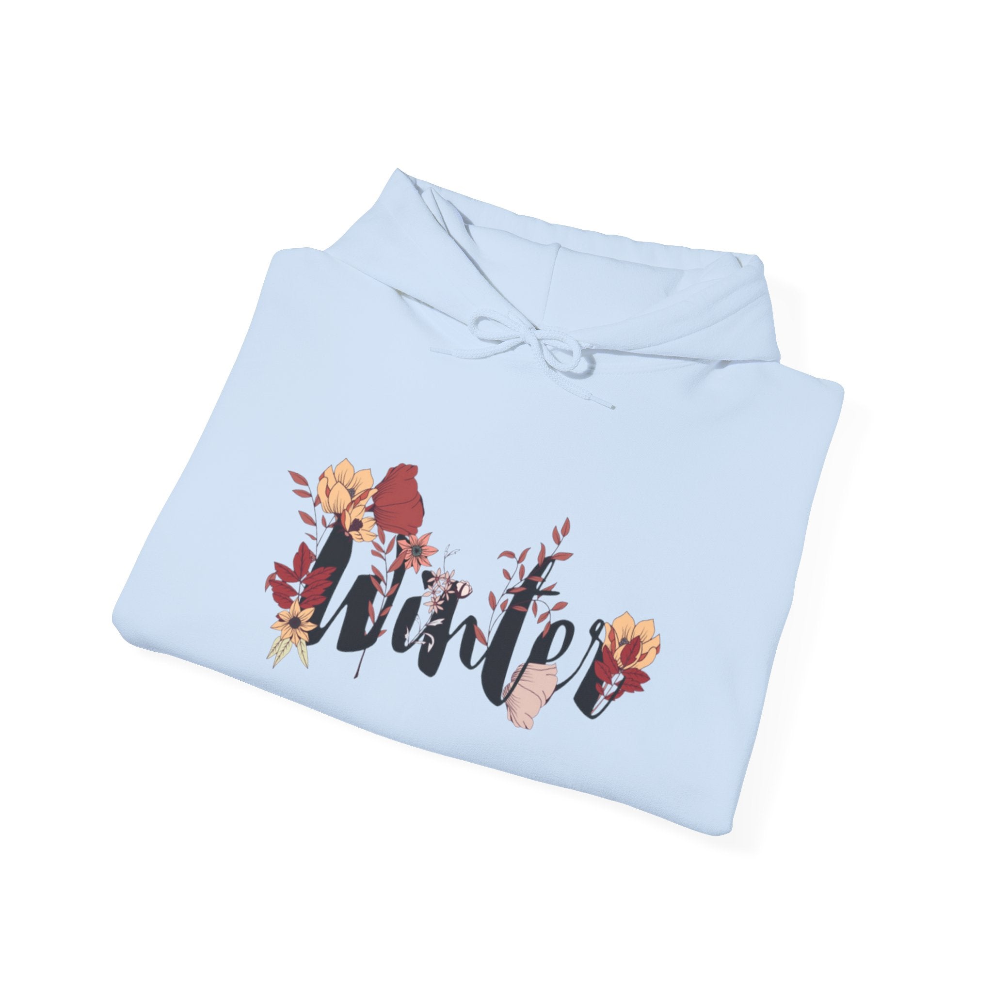 Winter Floral Hoodie — 'Winter' Script with Autumn Blooms, Cozy Seasonal Pullover