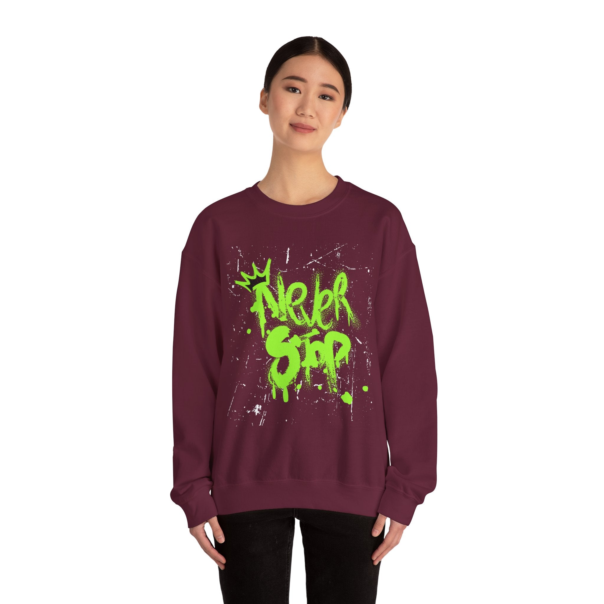 Crewneck Sweatshirt — Neon Green 'Never Stop' Graffiti Design