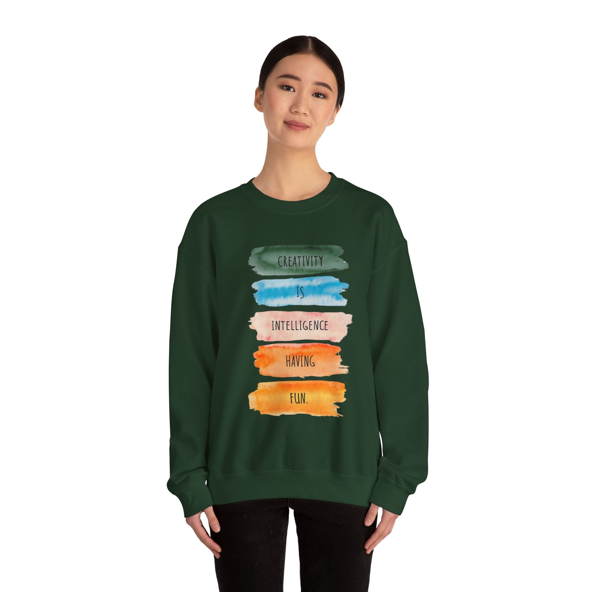 Crewneck Sweatshirt — "Creativity is Intelligence Having Fun" Watercolor Stripes