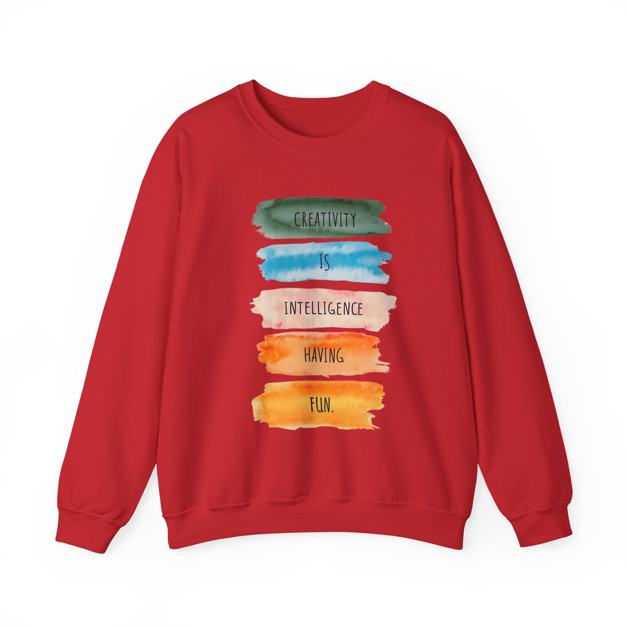 Crewneck Sweatshirt — "Creativity is Intelligence Having Fun" Watercolor Stripes