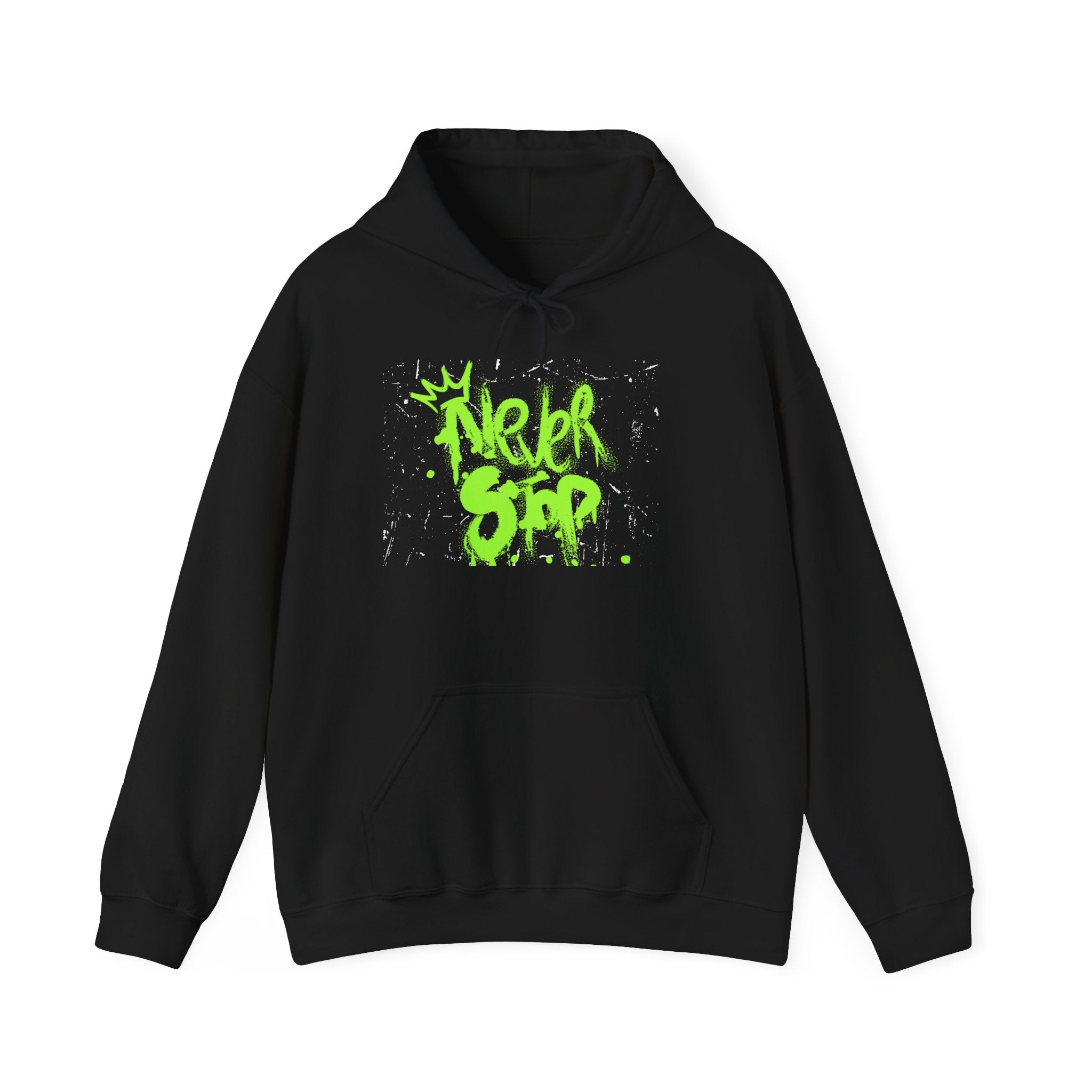 'Never Stop' Graffiti Hoodie - Neon Green Streetwear Pullover