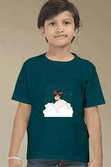 Boys Petrol Blue Round Neck Half Sleeve Dreamer T-shirt - Drapelet