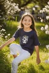 Girls Navy Blue Round Neck Half Sleeve Astronaut Monkey T-shirt - Drapelet