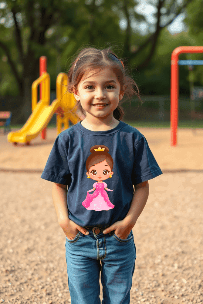 Girls Navy Blue Round Neck Half Sleeve Princess T-shirt - Drapelet