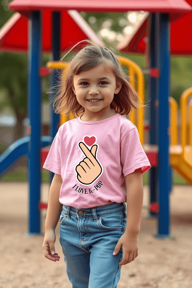 Girls Pink Round Neck Half Sleeve K-PoP Love T-shirt - Drapelet