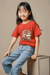 Girls Red Round Neck Half Sleeve Ice-cream Van T-shirt - Drapelet