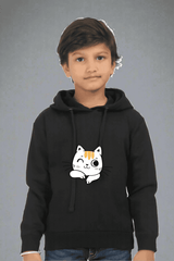 Kids Black Unisex Cat Wink Hooded Sweatshirt - Drapelet