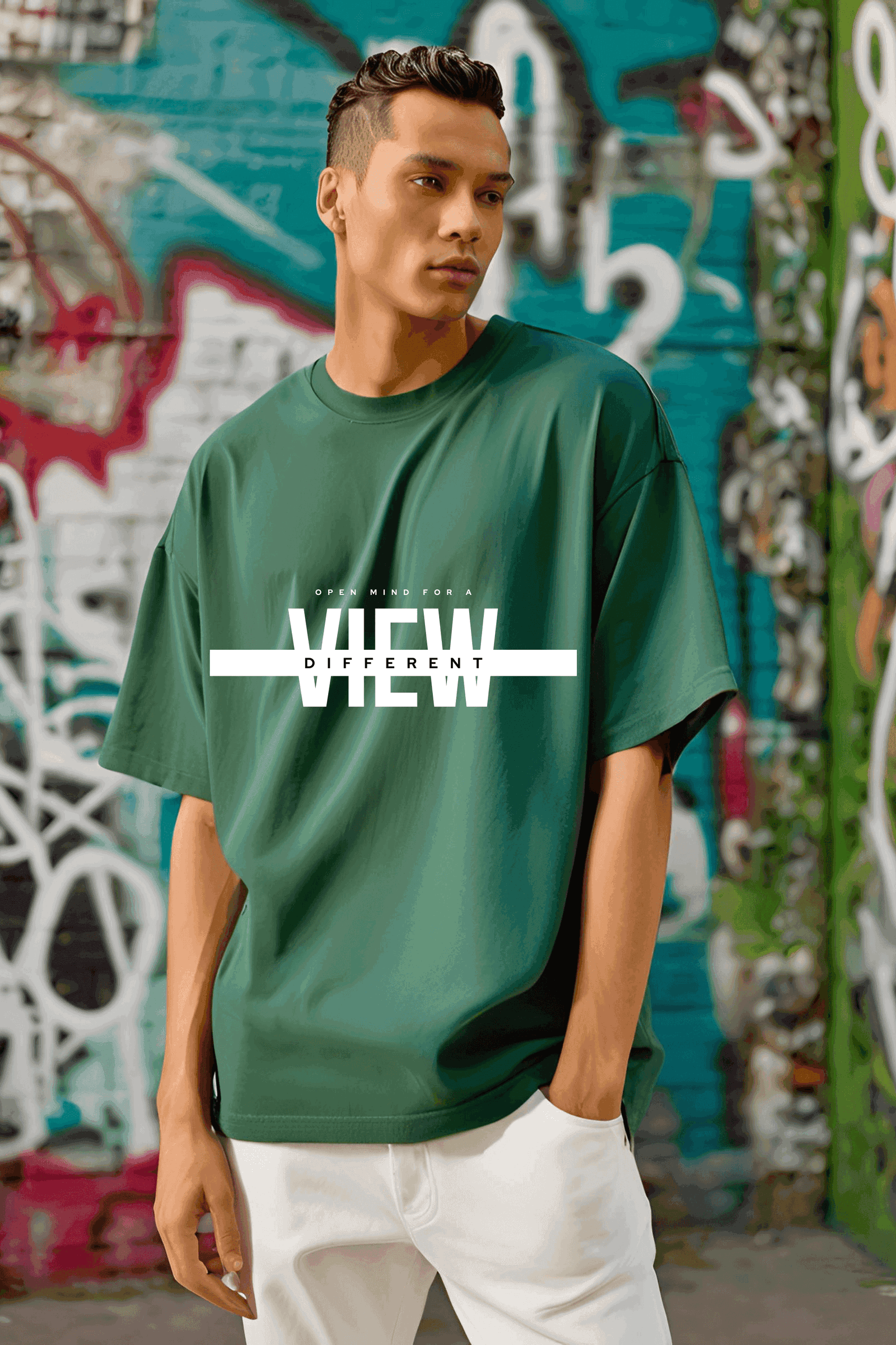 Unisex Bottle Green Round Neck Half Sleeve Different View Oversized T-shirt - Drapelet