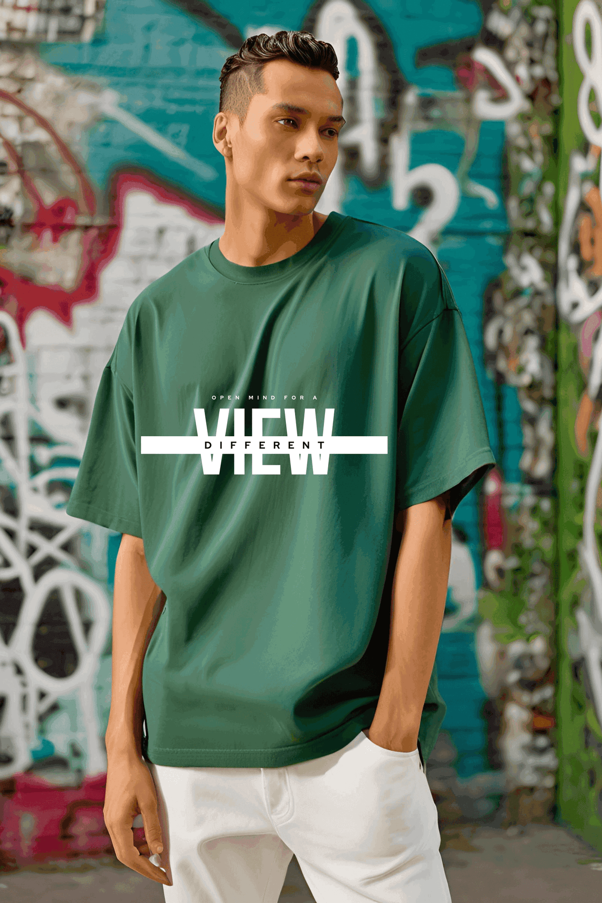 Unisex Bottle Green Round Neck Half Sleeve Different View Oversized T-shirt - Drapelet