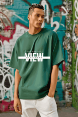 Unisex Bottle Green Round Neck Half Sleeve Different View Oversized T-shirt - Drapelet