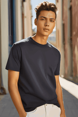 Unisex Round Neck Plain Navy-Blue Half Sleeve Premium Supima T-shirt - Drapelet