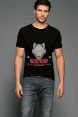 Men's Round Neck Black Half Sleeve Wild Wolf T-Shirt