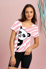 Women's White "Panda Peek" Half Sleeve T-Shirt