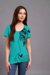 Teal Floral Silhouette Half Sleeve Tshirt