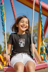 Girls Black Round Neck Half Sleeve Astronaut Monkey T-shirt